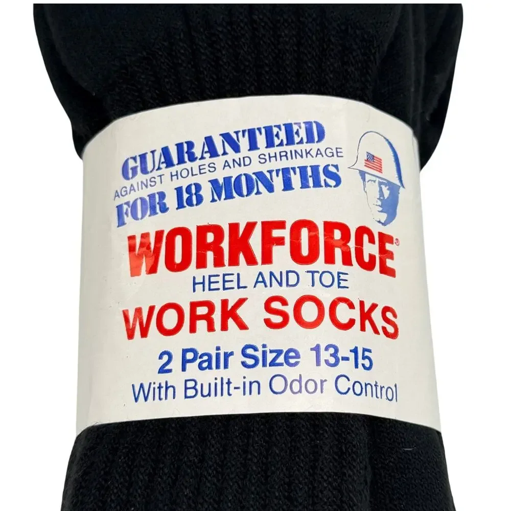NOS Vintage Workforce Work Socks Men Size 13-15 Black 2 Pair Fully Cushioned USA